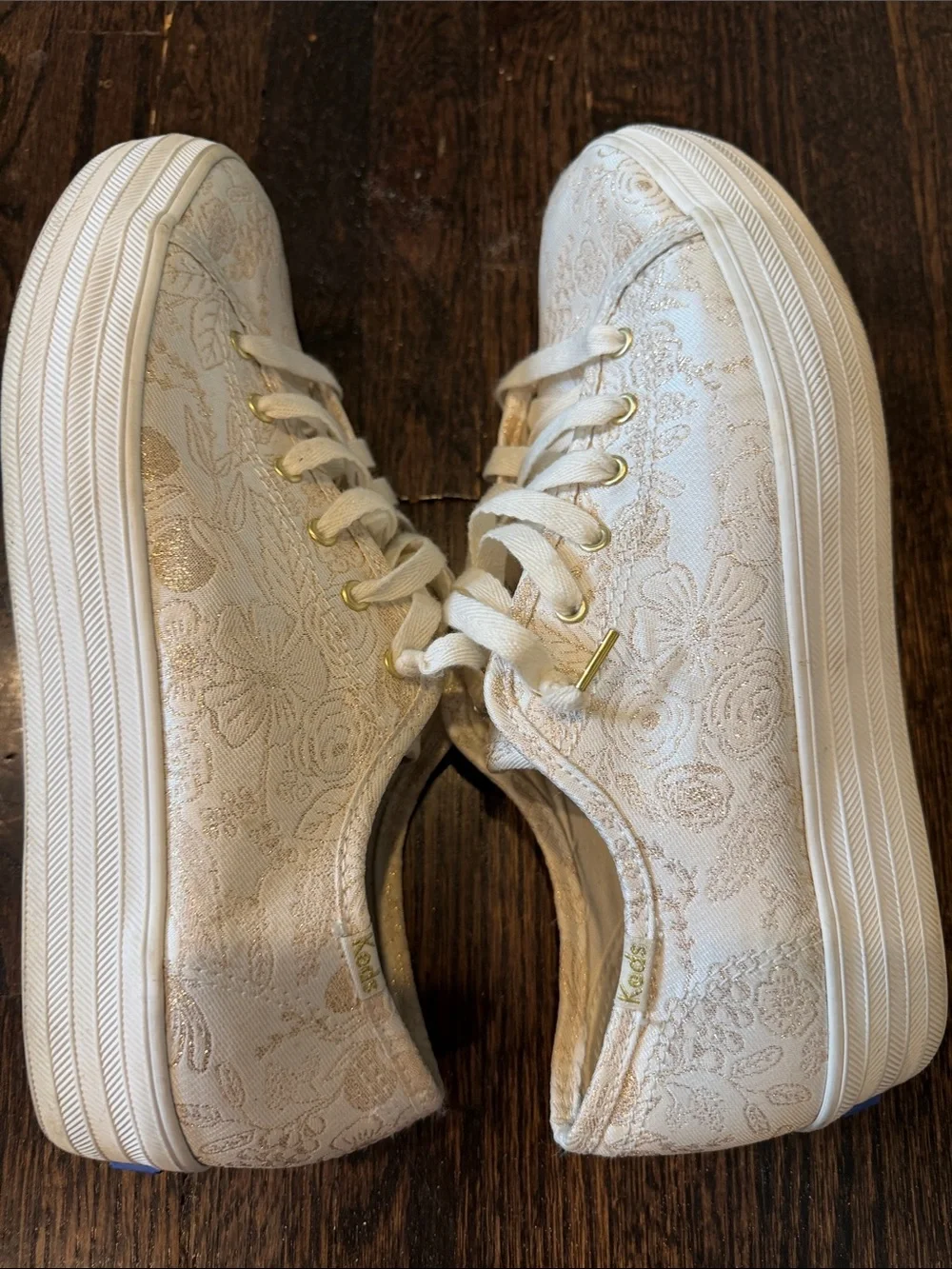 Keds White/Cream Gold Lace-Pattern Platform Sneakers